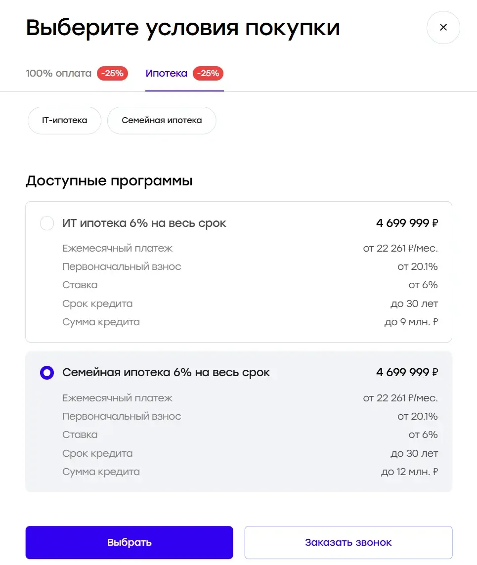 Динамический расчет условий в карточке квартиры GloraX
