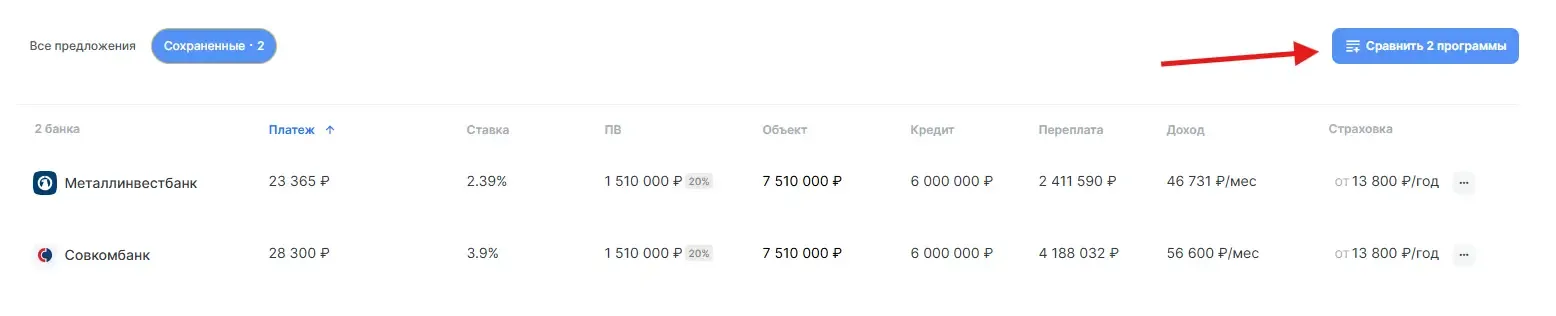 Сравнение ипотечных программ в системе ДВИЖ